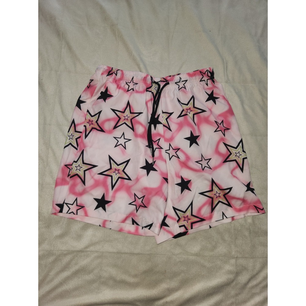 Romwe Swimtrunks or shorts. Pink with black & lime stars. Size M 38 NWOT